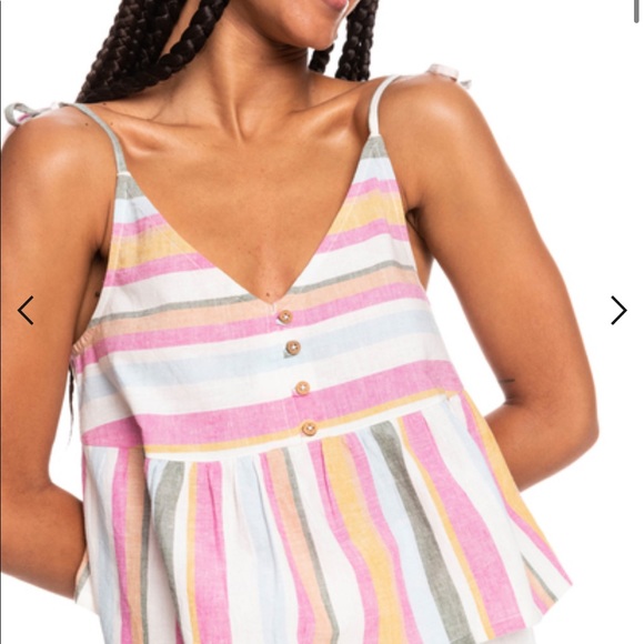 Roxy Pink, White, Yellow Striped Button Midriff Tank Top - Picture 4 of 11